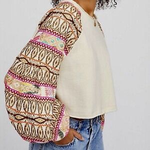 Free people crop sweater with oversized colorful pattern embroidered sleeves